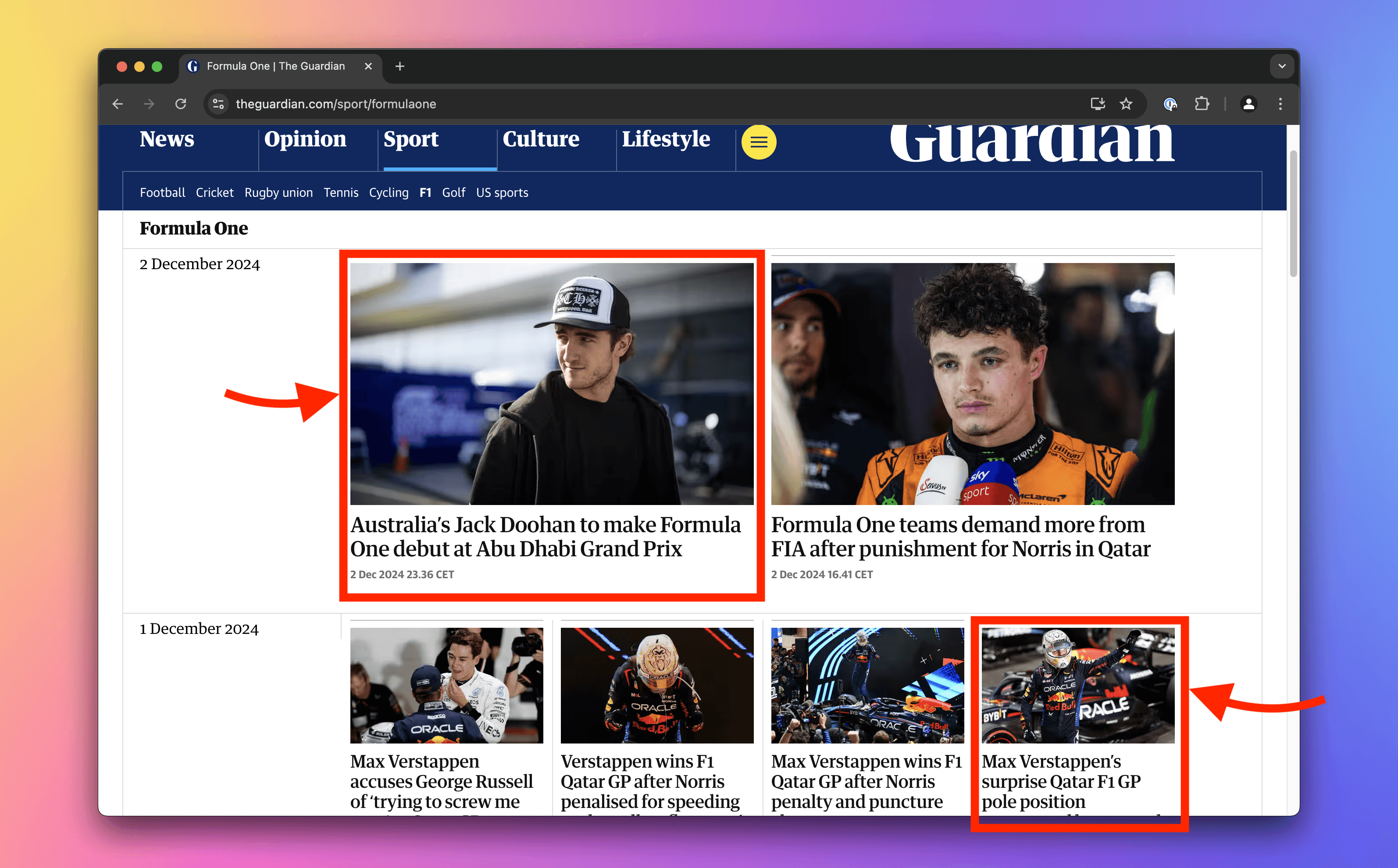 Articles on Guardian's page about F1